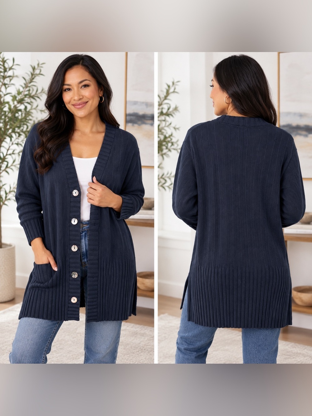 Rodier Navy Blue Longline Ribbed Cardigan Sweater Cotton Blend M